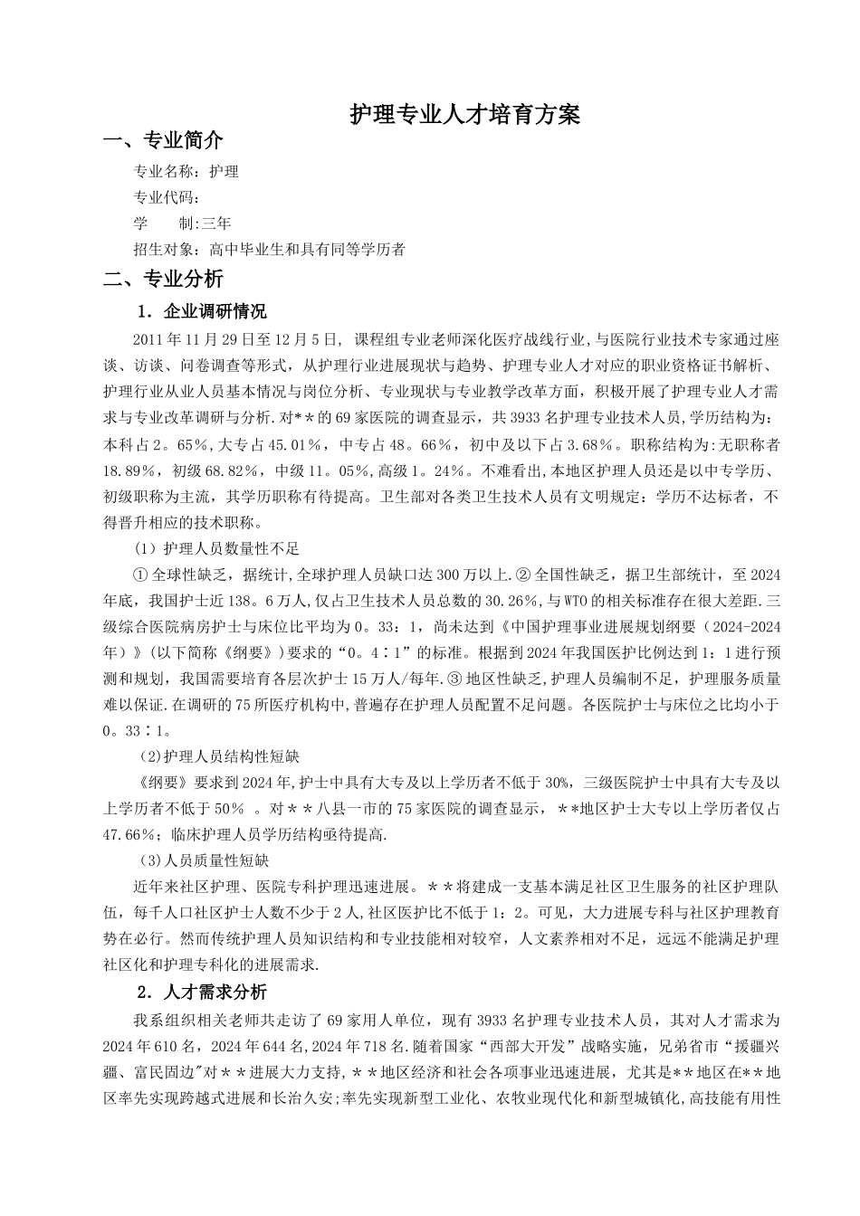 三年高职护理专业人才培养方案_第1页