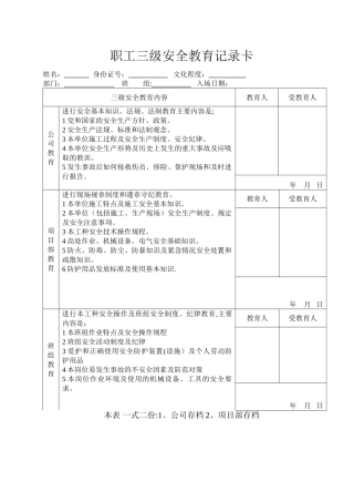 三级安全教育卡样本