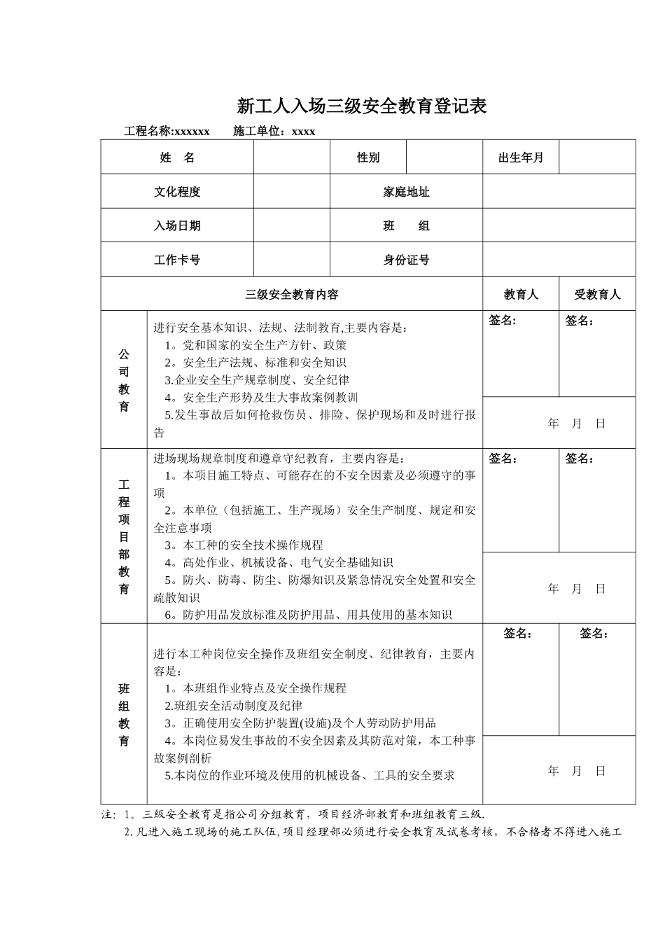 三级安全教育记录及表格(全)_第2页