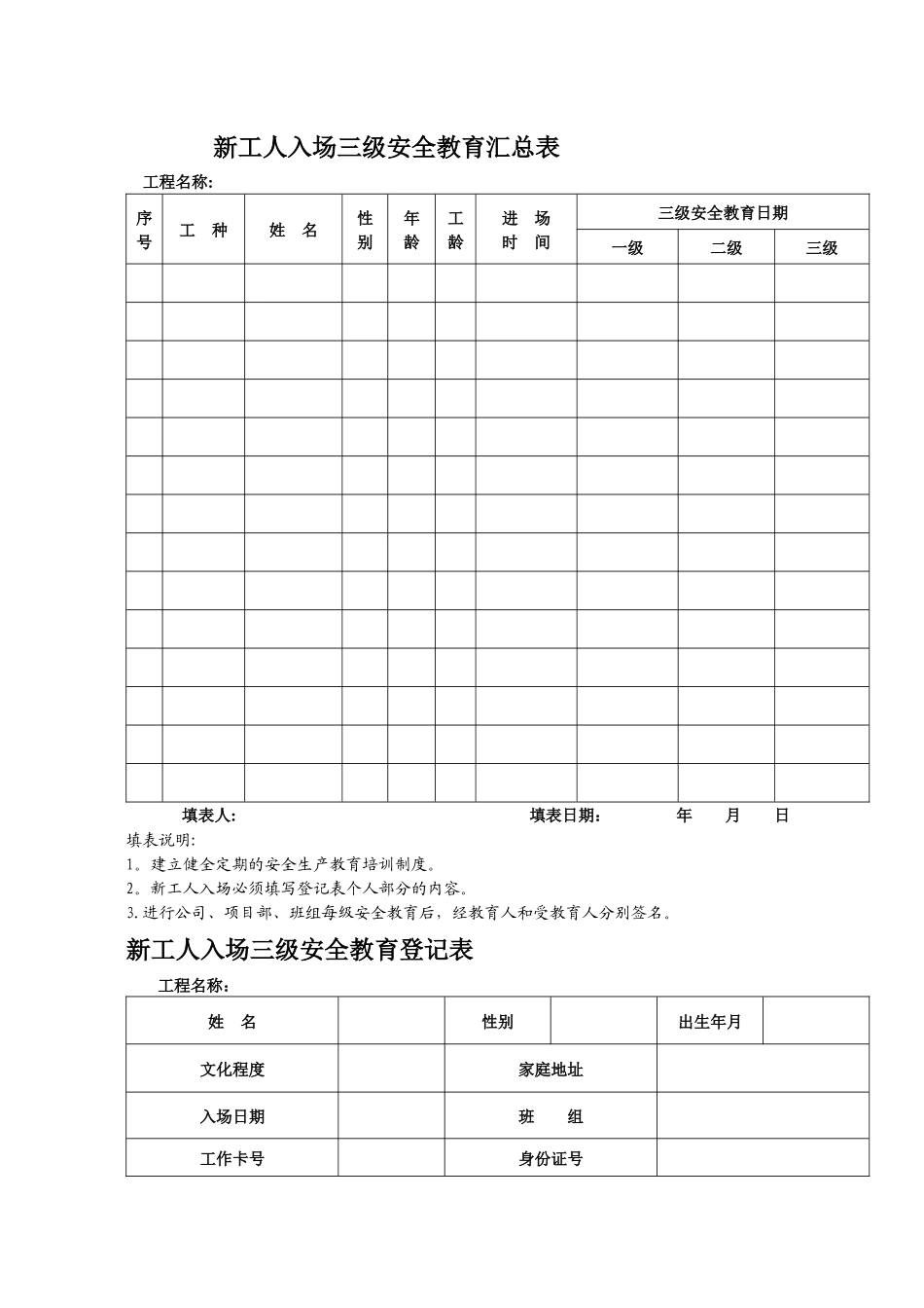 三级安全教育记录及表格_第1页