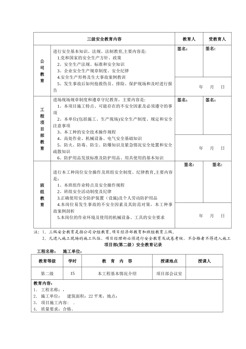 三级安全教育记录及表格_第2页