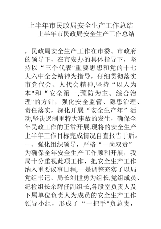 上半年市民政局安全生产工作总结