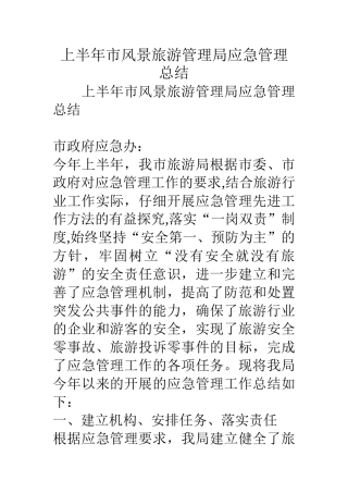 上半年市风景旅游管理局应急管理总结