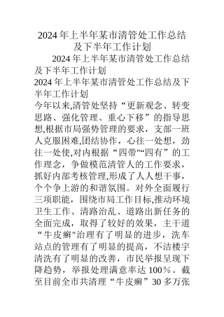 上半年某市清管处工作总结及下半年工作计划