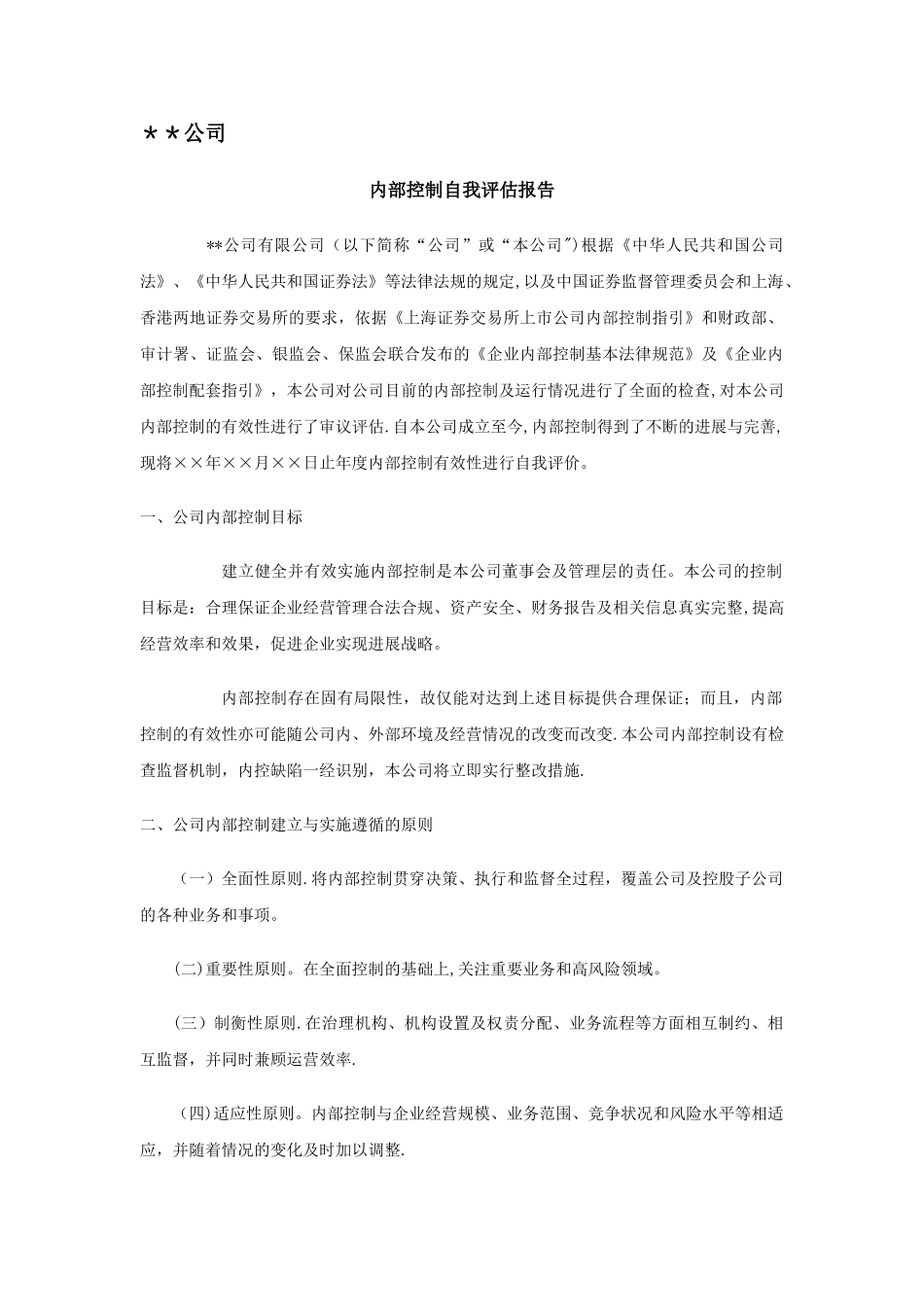 上市公司内部控制有效性自我评价报告模板_第1页