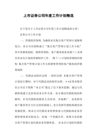 上市证券公司年度工作计划精选