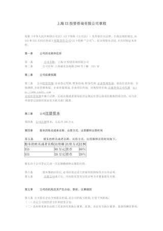 上海XX投资咨询有限公司章程