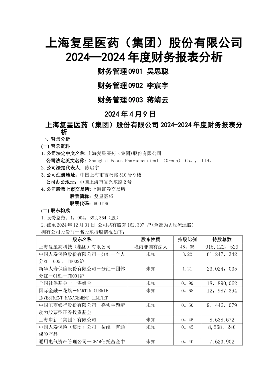 上海复星医药财务分析报告_第1页