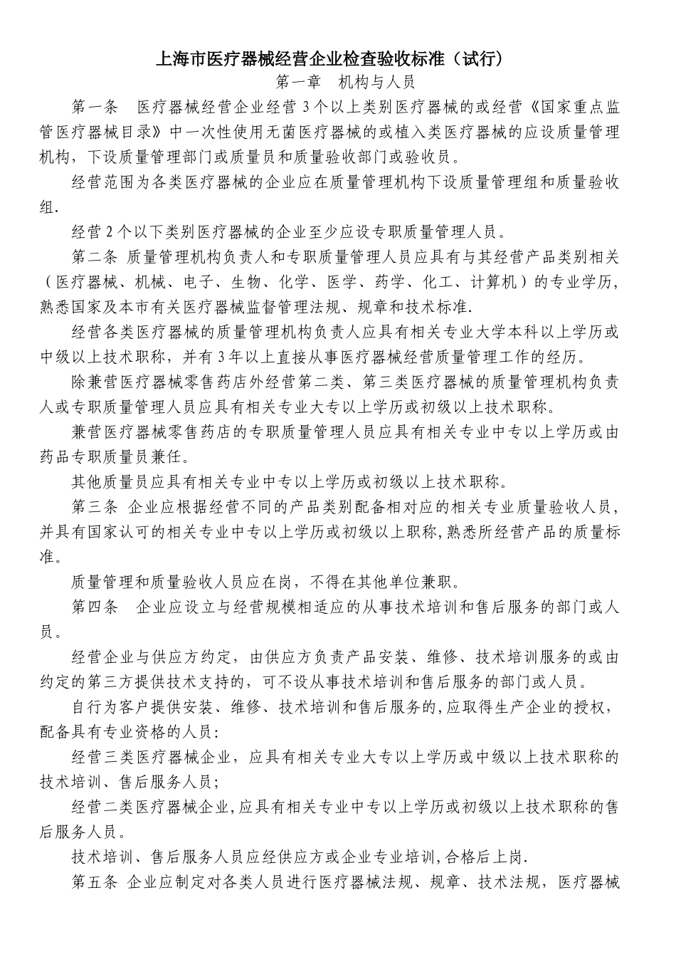 上海市医疗器械经营企业检查验收标准(试行)_第1页