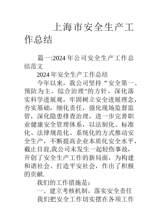 上海市安全生产工作总结