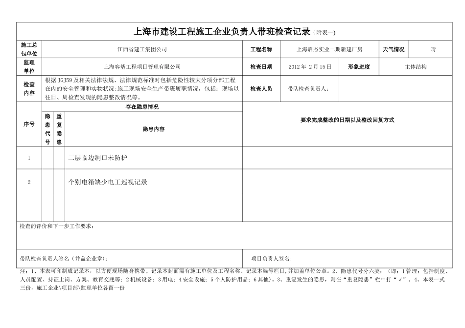 上海市建设工程项目负责人带班生产情况记录表_第1页