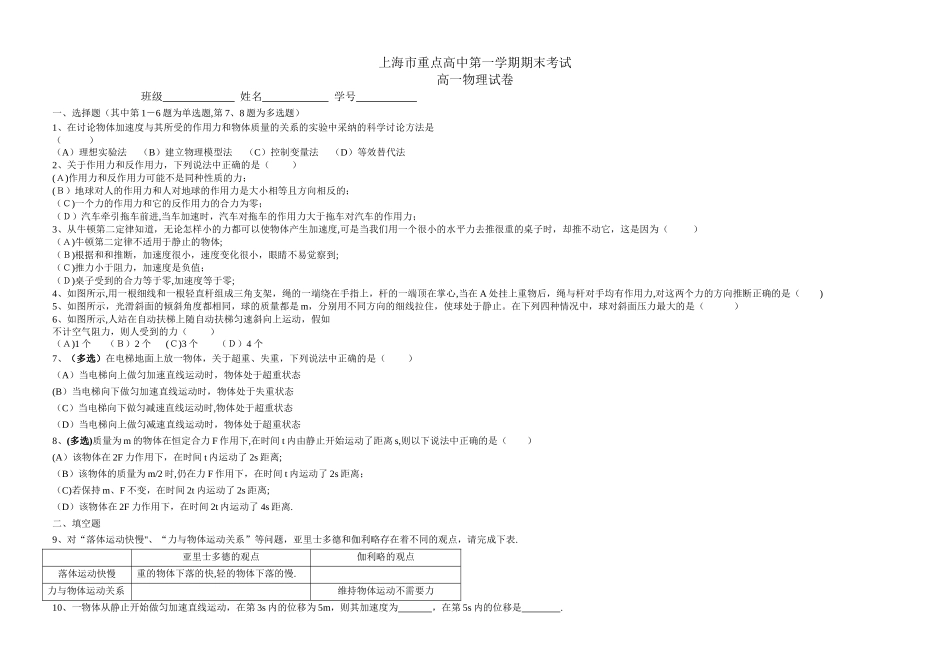 上海市重点高中-高一物理--第一学期期末考试试卷_第1页