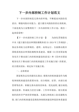 下一步内部控制工作计划范文