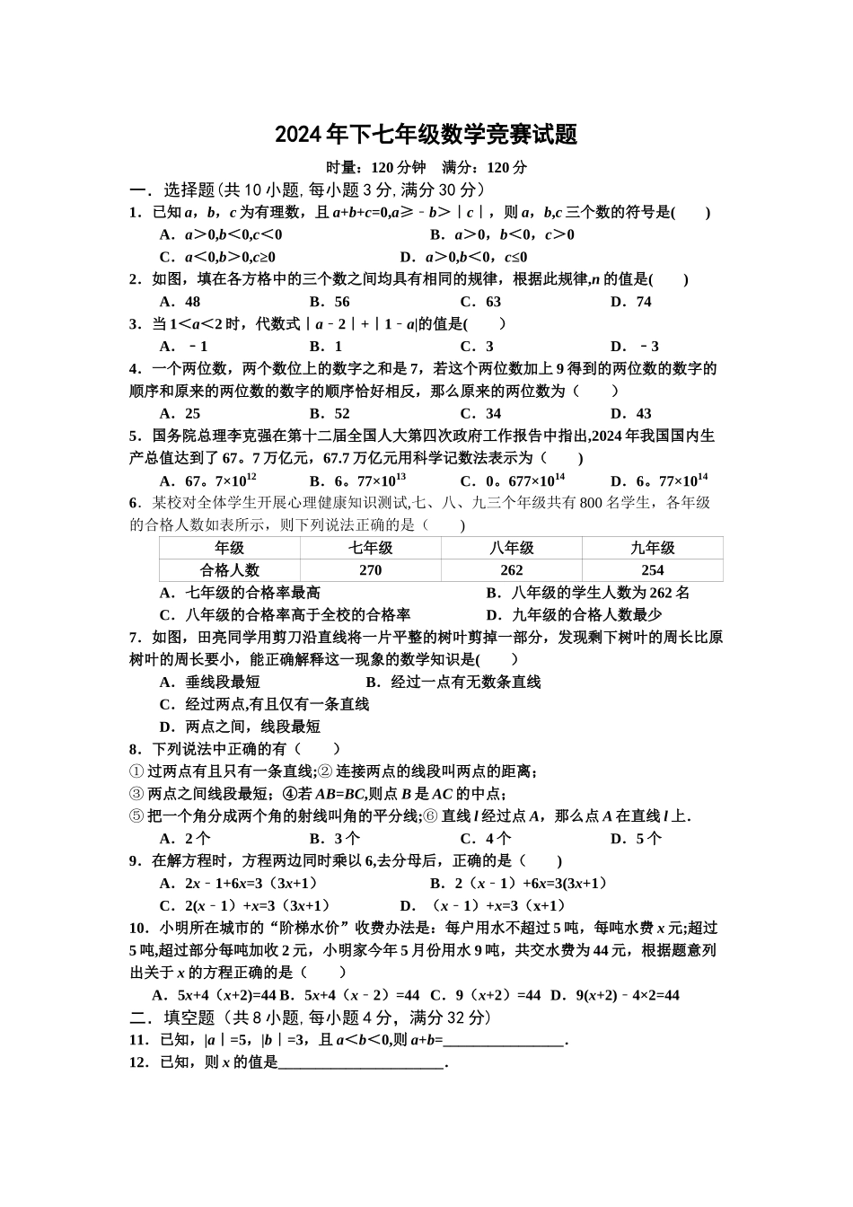 下学期七年级数学竞赛试题及答案_第1页