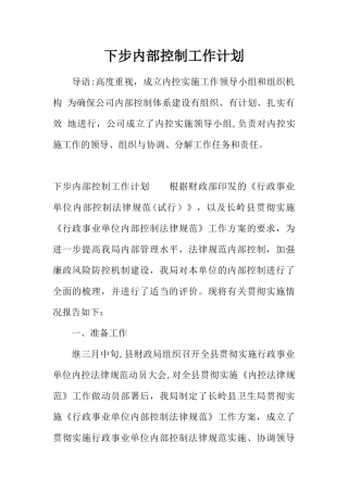 下步内部控制工作计划