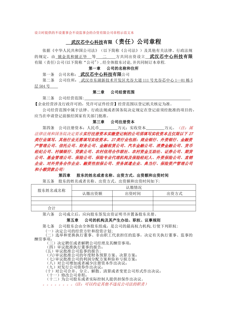 不设董事会不设监事会合资有限公司章程_第1页