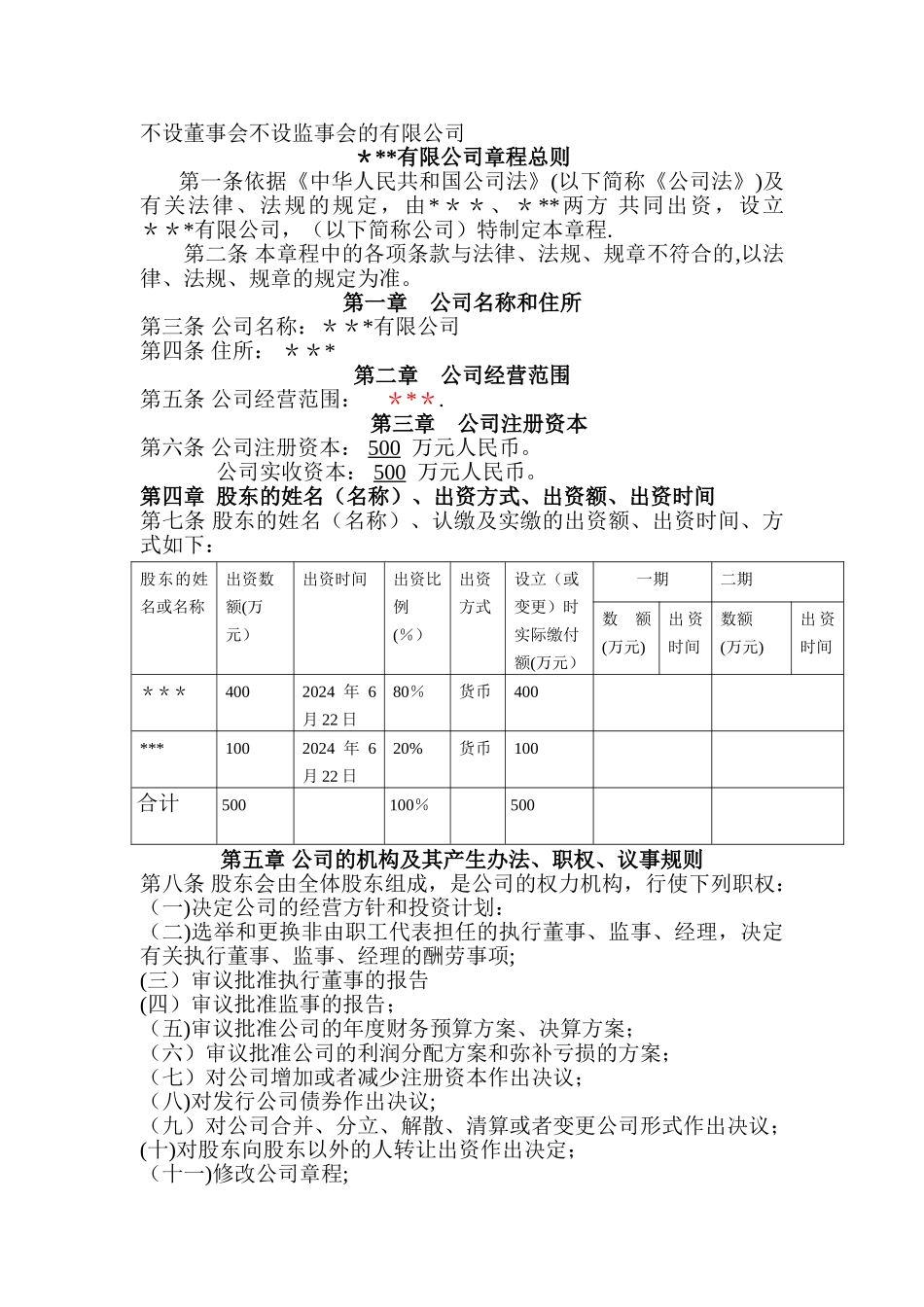 不设董事会、监事会章程_第1页