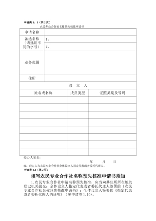 专业合作社登记材料范本