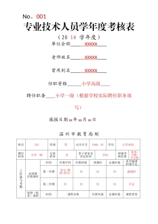 专业技术人员学年度考核表
