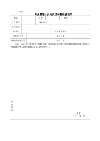 专业管理人员岗位证书复检登记表