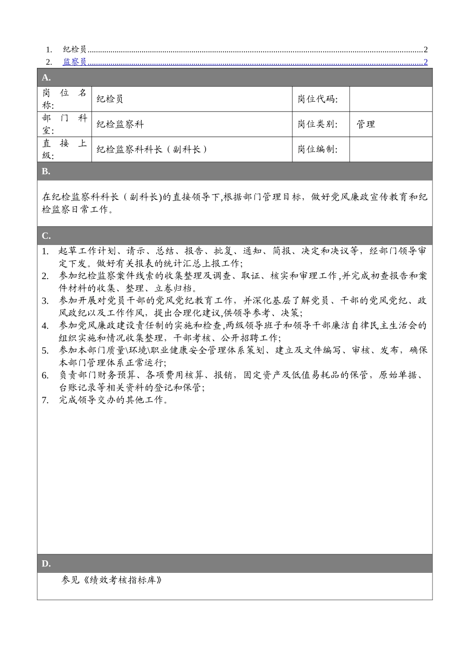 专业管理岗位-纪检监察科岗位说明书_第1页