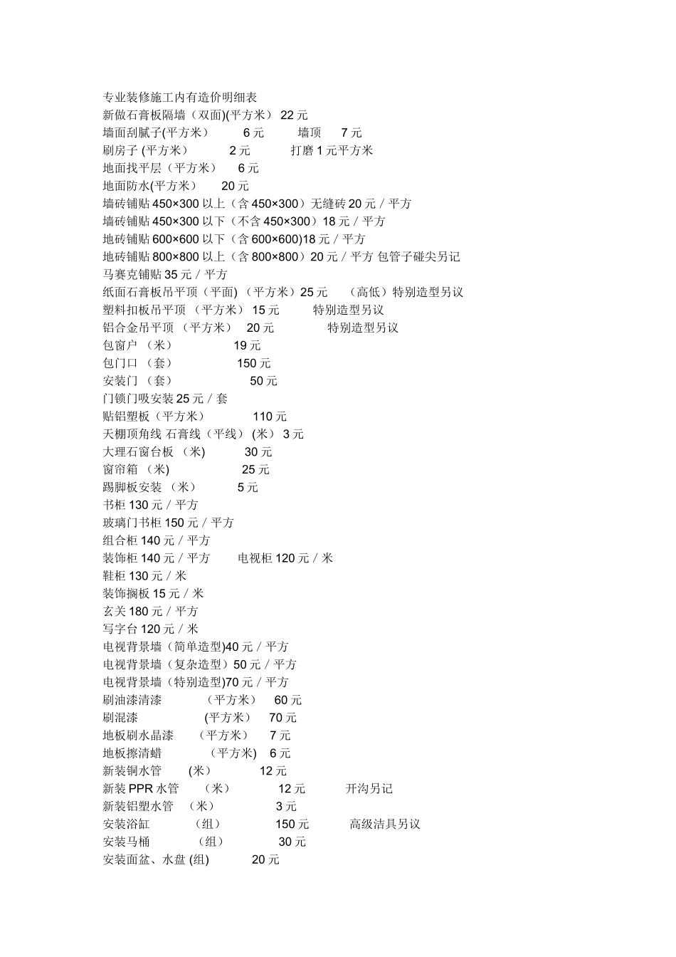 专业装修施工内有造价明细表_第1页