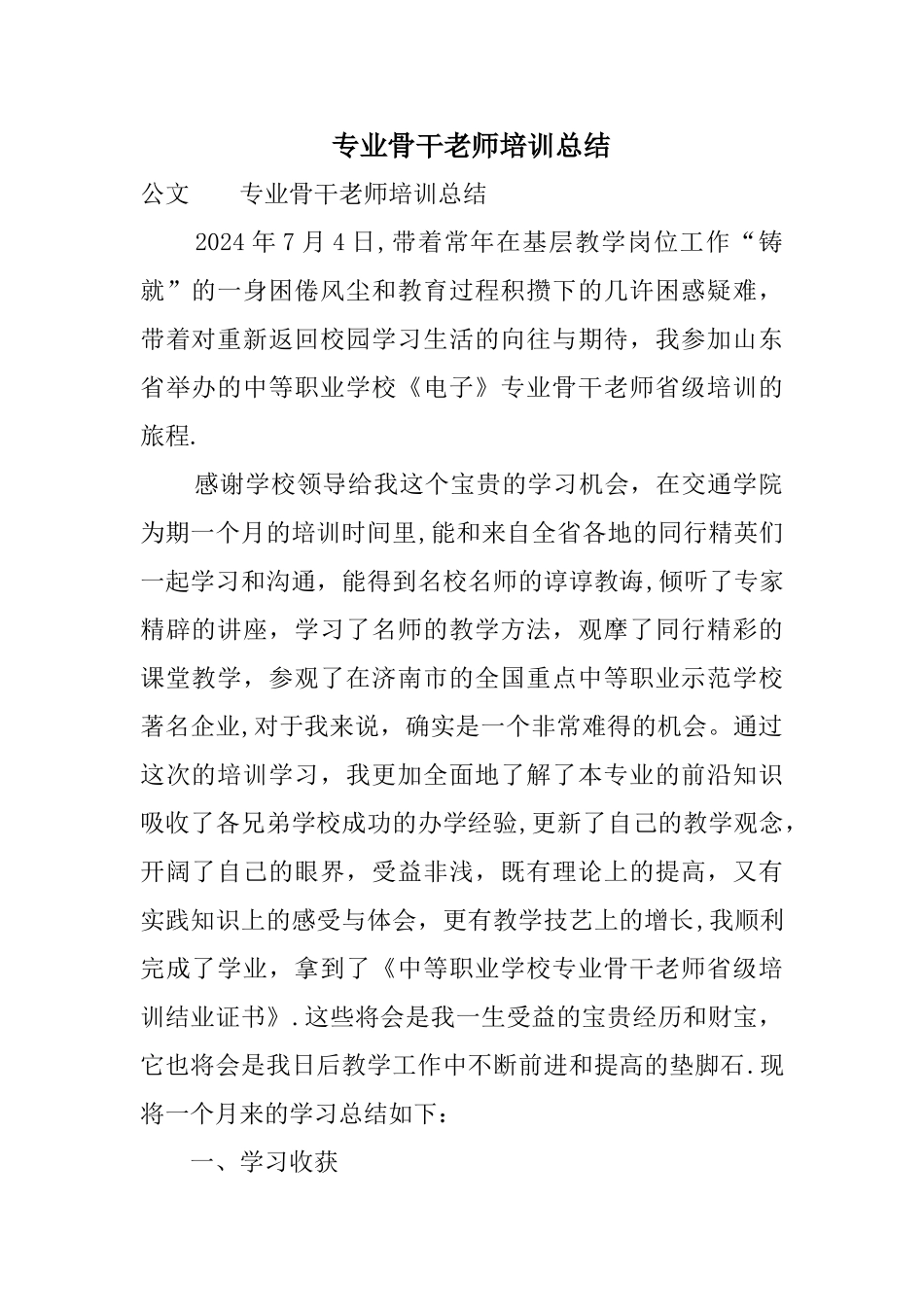 专业骨干教师培训总结_第1页