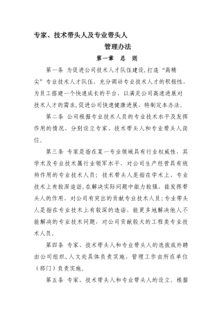 专家、技术带头人管理办法资料