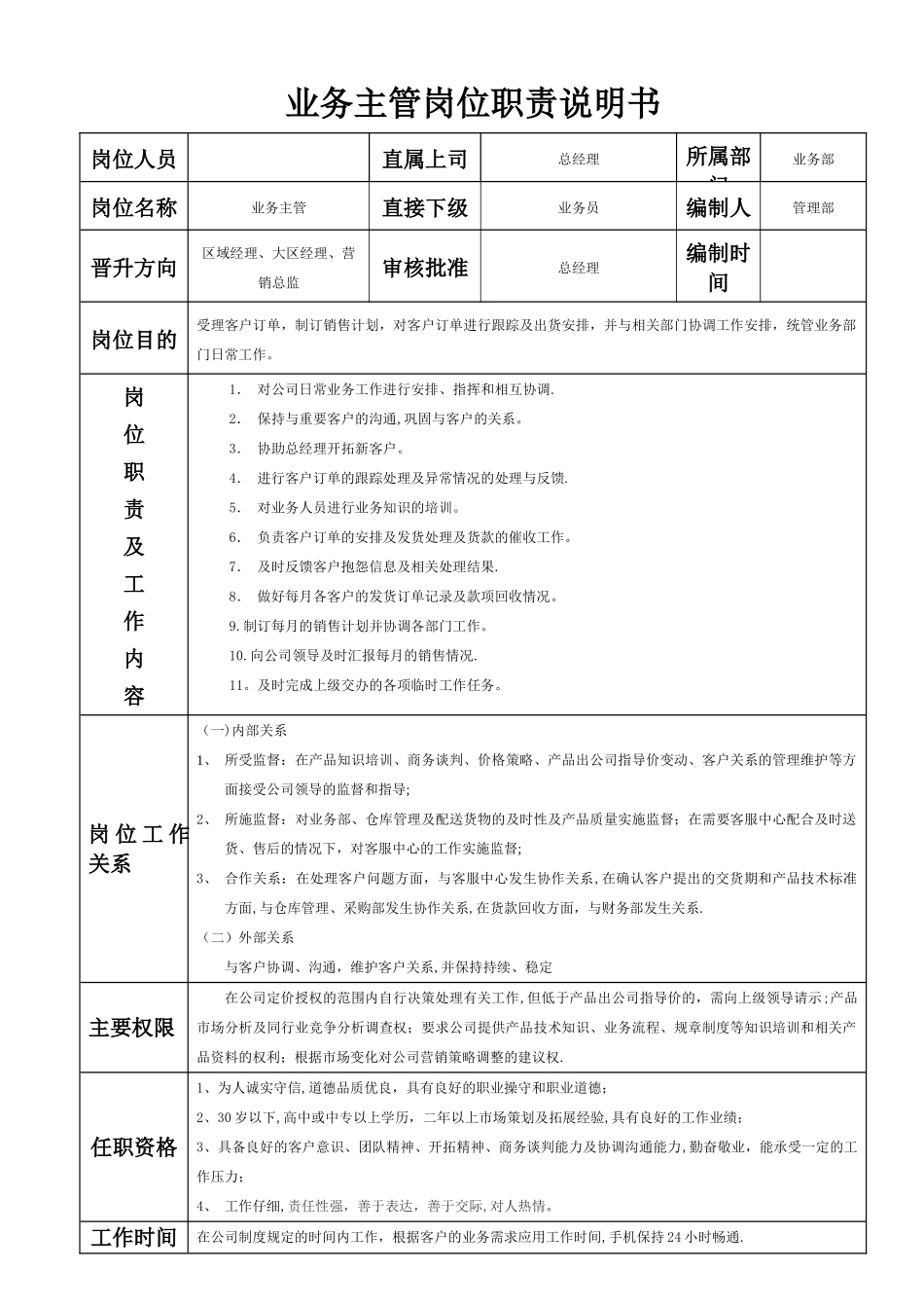 业务主管岗位职责说明书_第1页