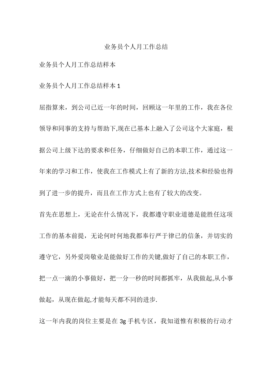 业务员个人月工作总结_第1页