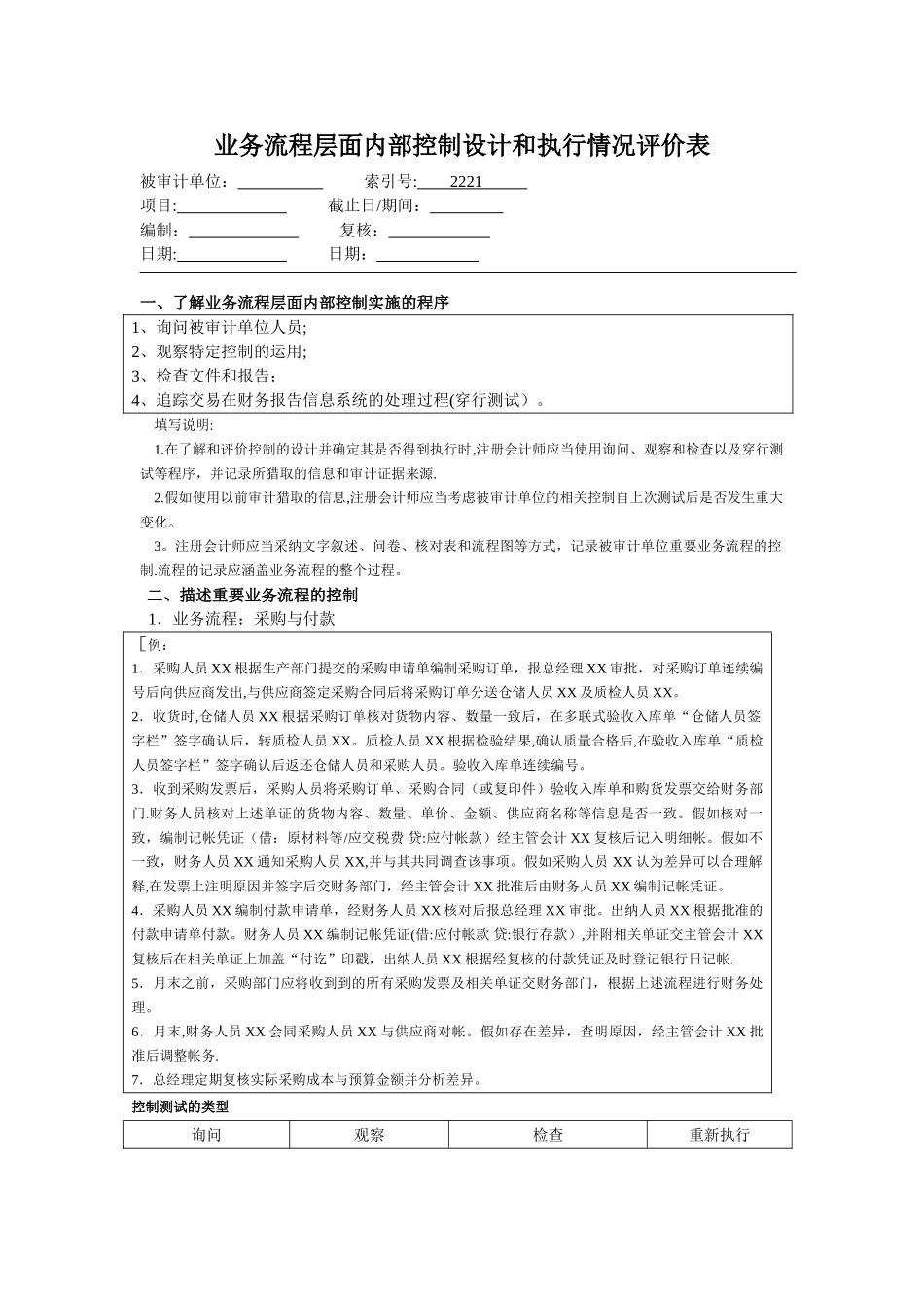 业务流程层面内部控制设计和执行情况评价表_第1页