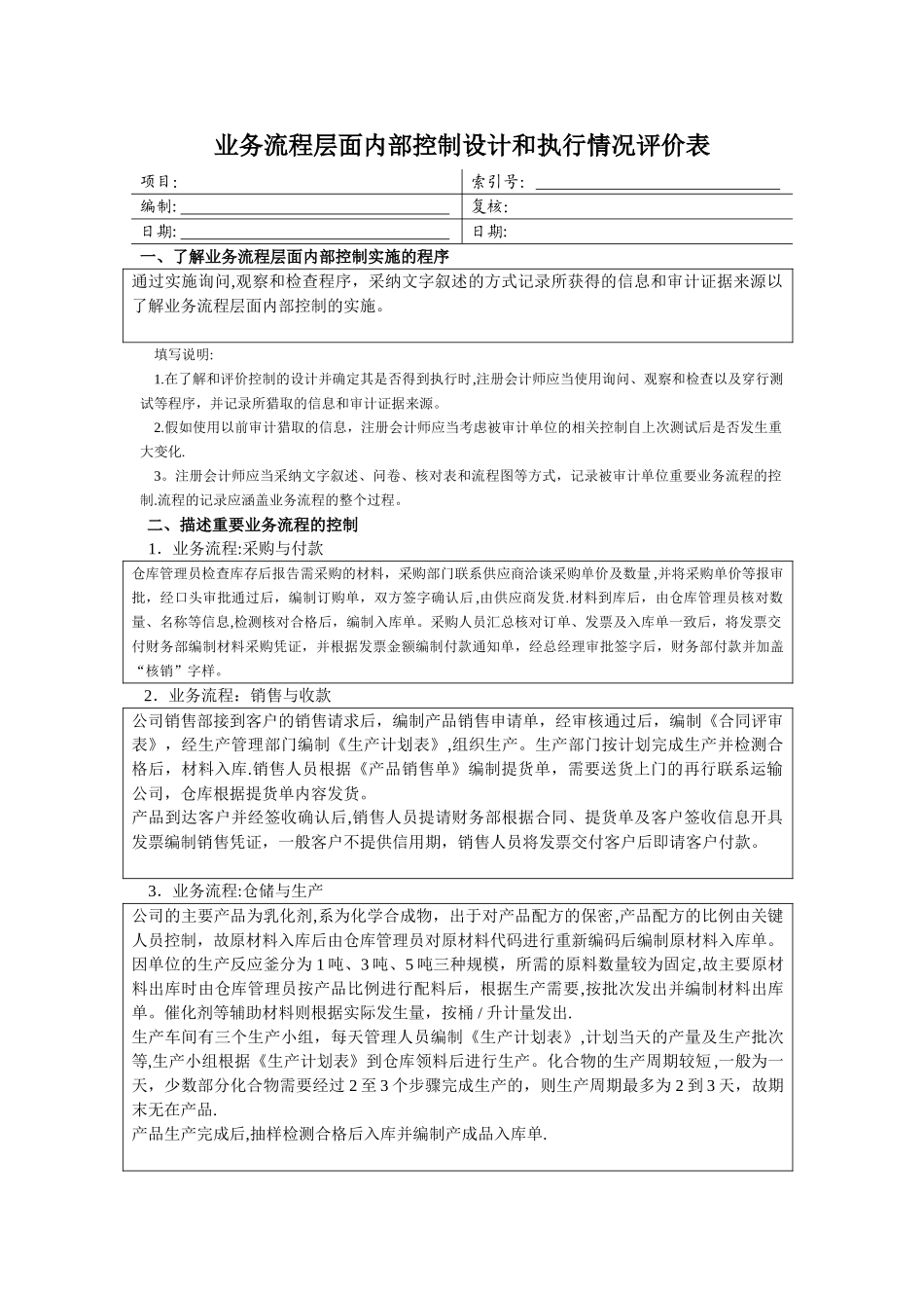 业务流程层面内部控制设计和执行情况评价表--可按企业实际情况修改_第1页