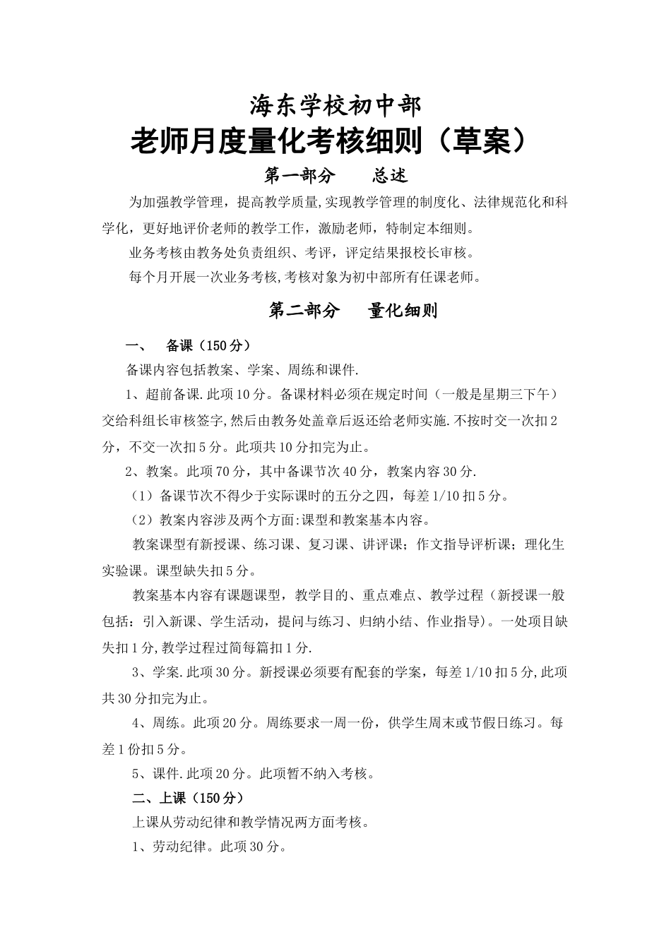 东莞市海东学校初中部教师月度量化考核细则_第1页