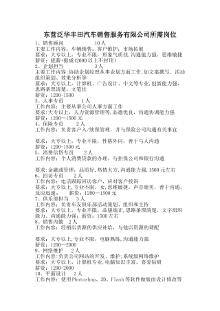 东营泛华丰田汽车销售服务有限公司所需岗位