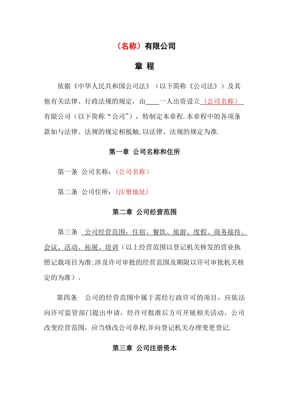 个人有限公司章程模板_第1页