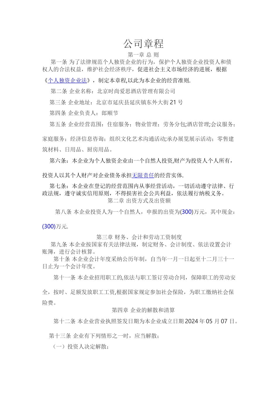 个人独资企业公司章程_第1页