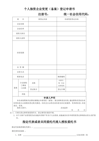 个人独资企业变更备案登记申请书