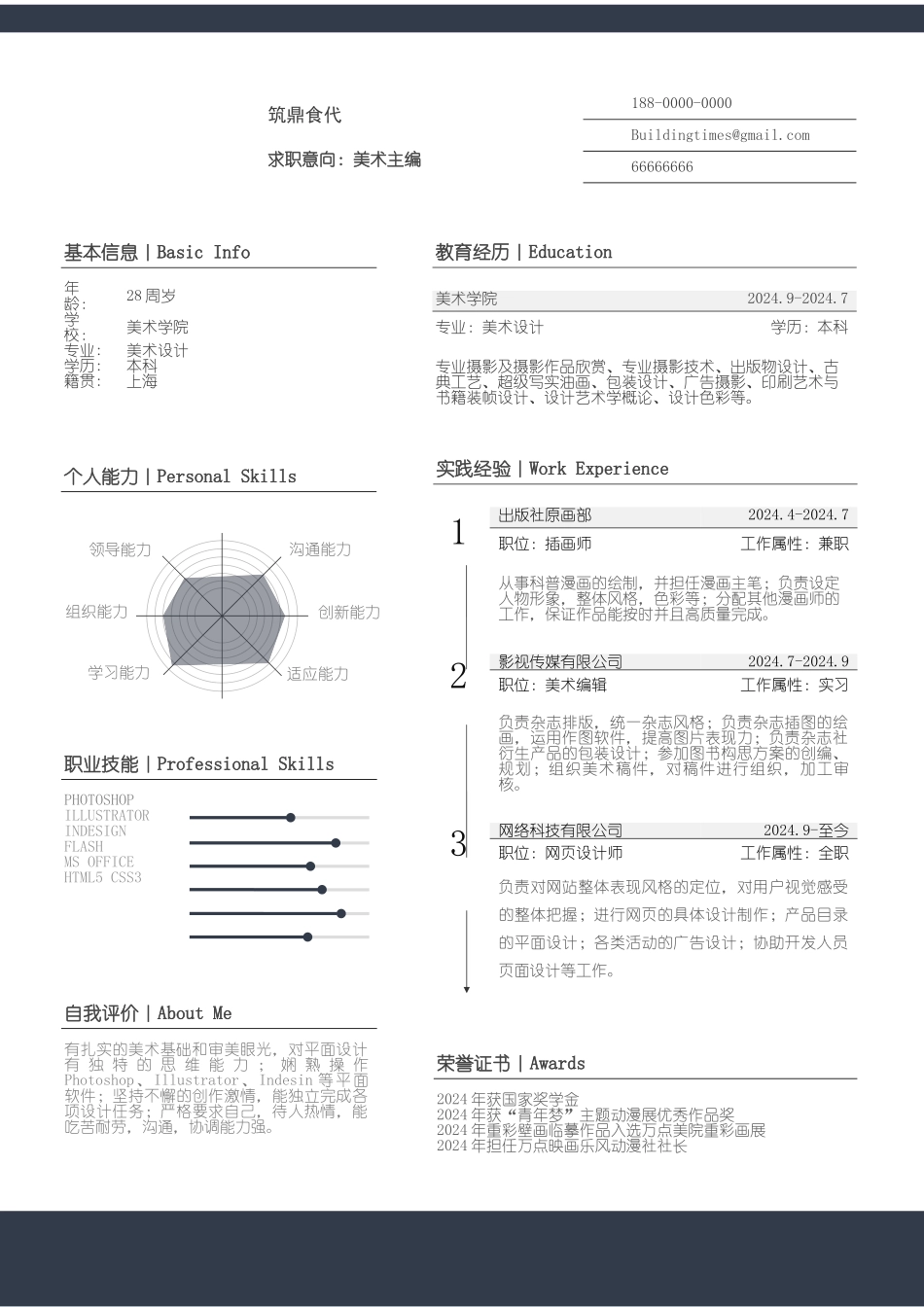 个人简历-艺术类简历+封面+求职信模板_第3页