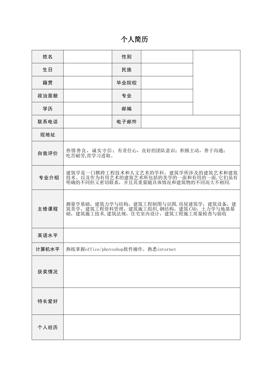 个人简历模板(已写好)_第1页