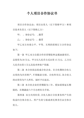 个人项目合作协议书