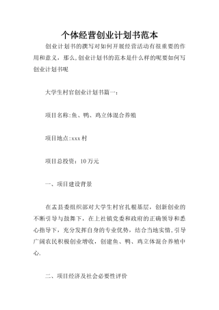 个体经营创业计划书范本