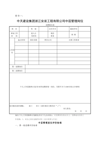 中天建设集团浙江安装工程有限公司部分中层管理岗位竟聘实施方案