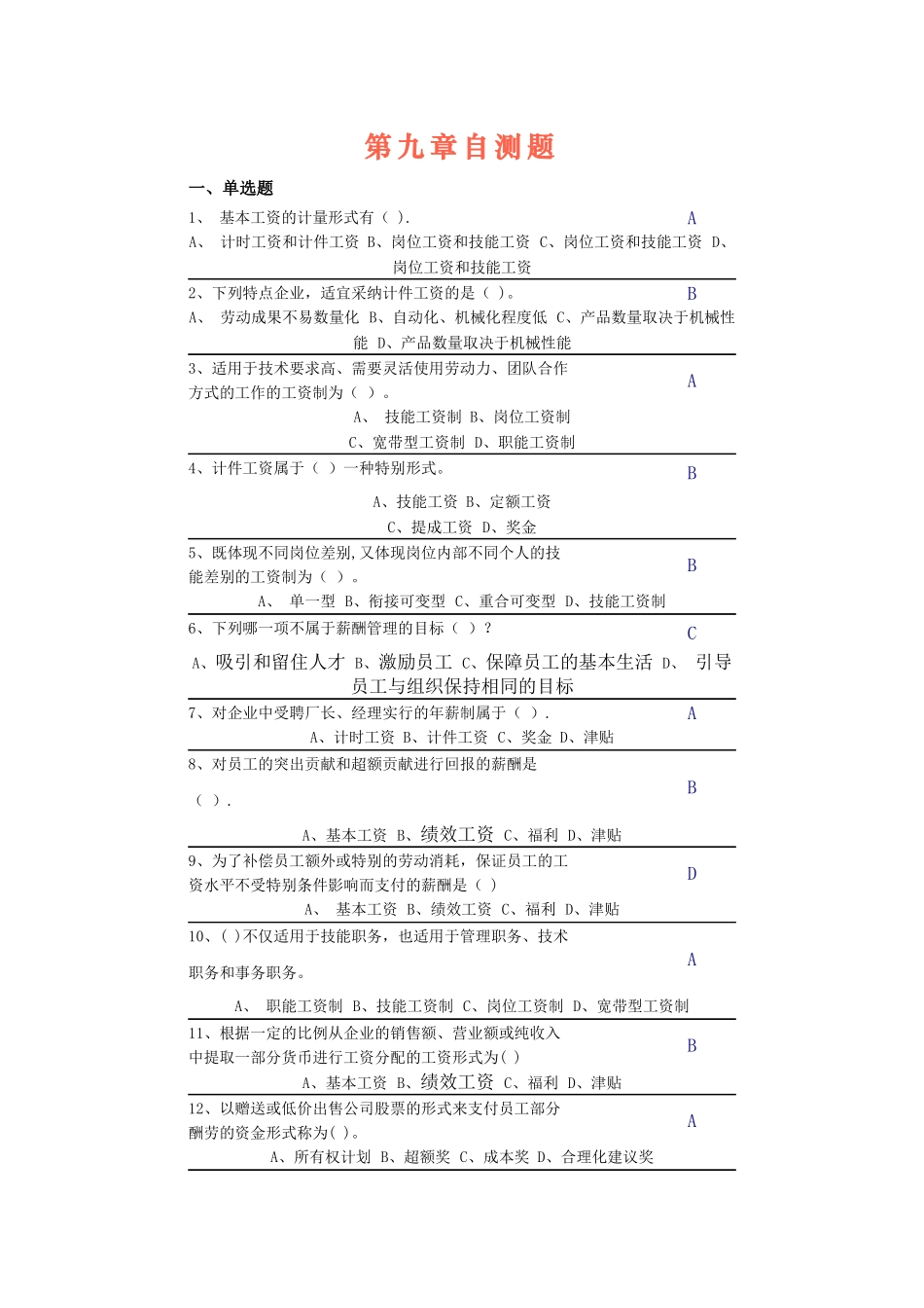 中央电大第二学期期未闭卷复习题及答案人力资源第九章自测题_第1页