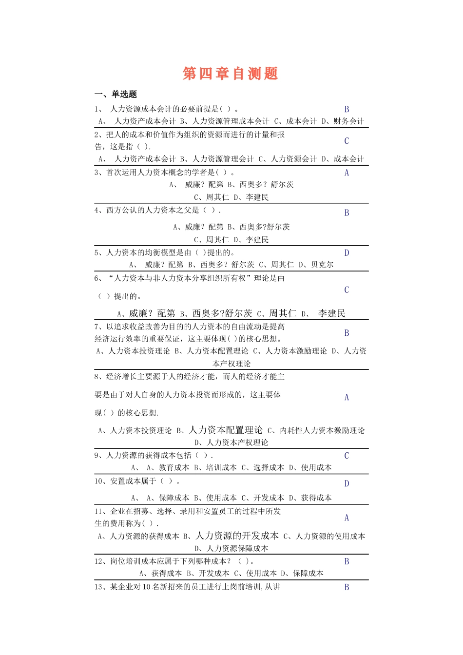 中央电大第二学期期未闭卷复习题及答案人力资源第四章自测题_第1页