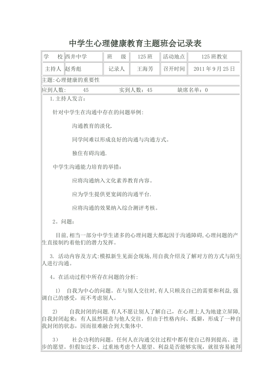 中学生心理健康教育主题班会记录表_第1页