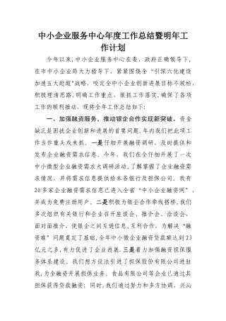 中小企业服务中心年度工作总结暨明年工作计划