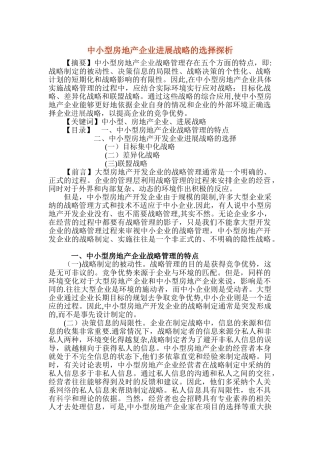 中小型房地产企业发展战略的选择探析