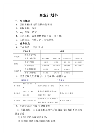 中小型餐饮项目-投资计划书-商业计划书