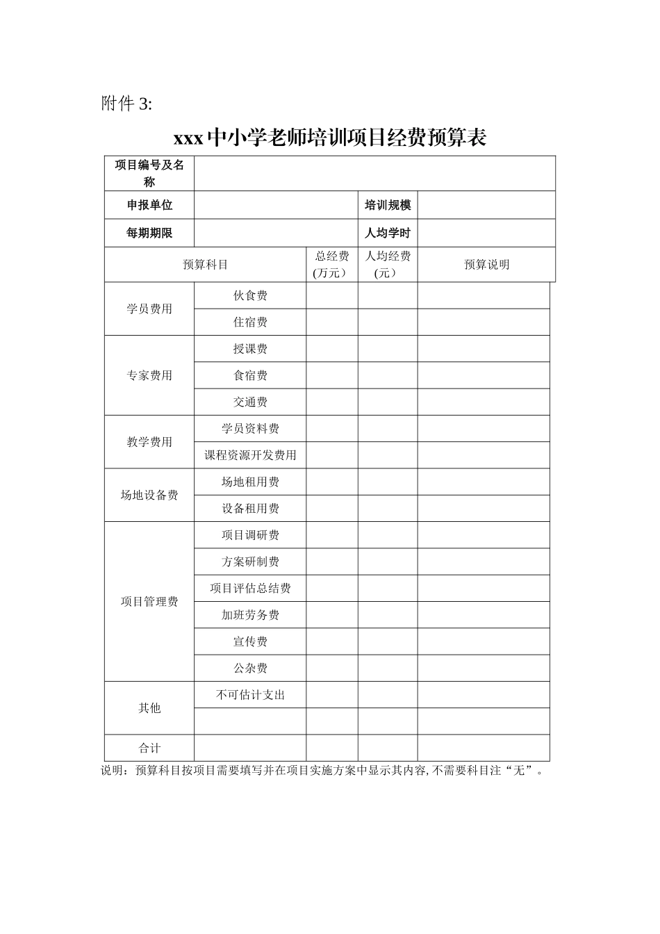 中小学教师培训项目经费预算表_第1页