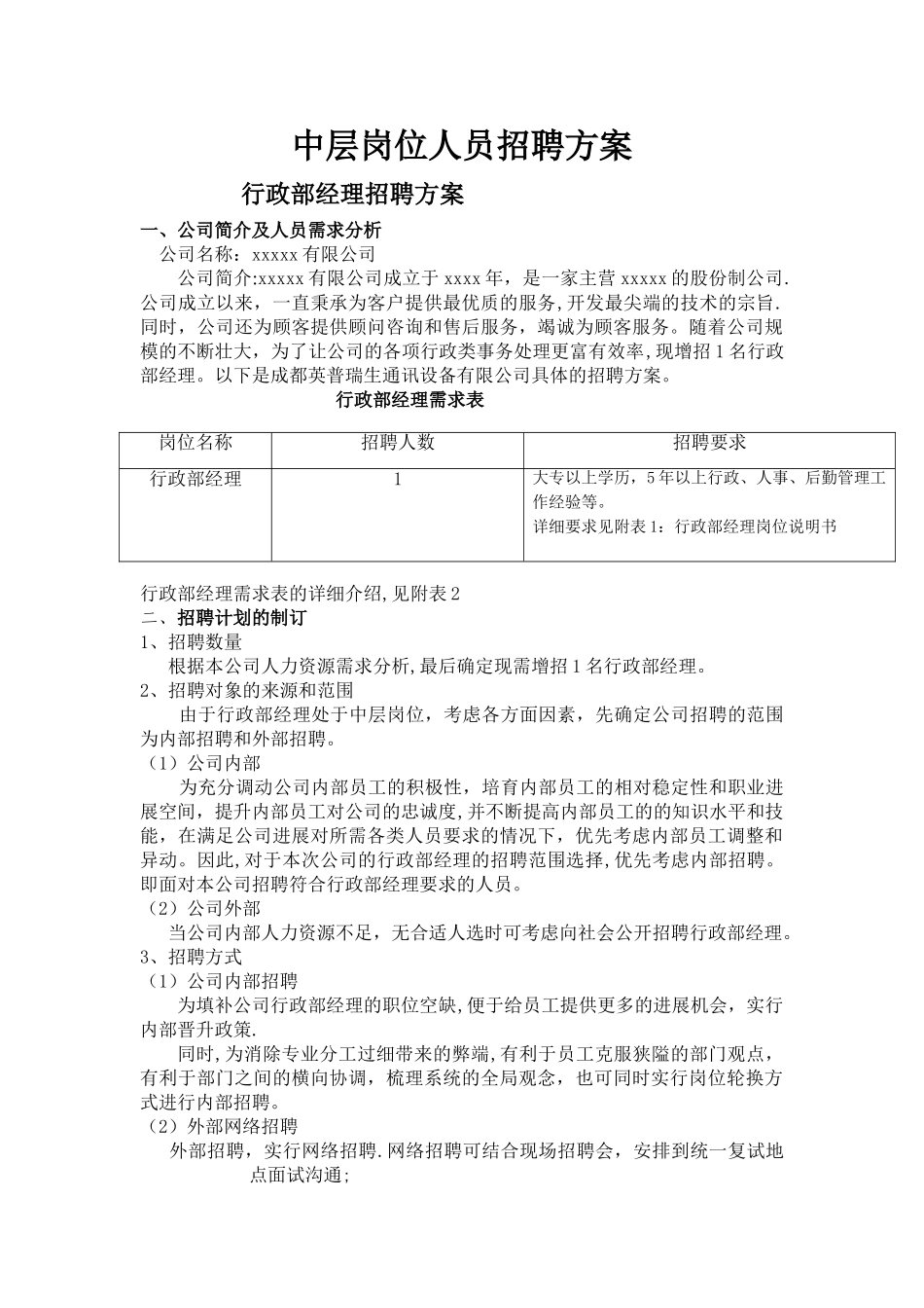 中层岗位人员招聘方案_第1页
